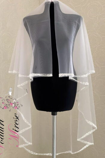 Voal Alb C10-461 cu Banda Sclipici Flori