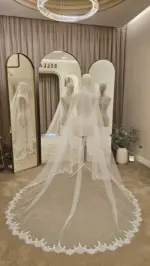 Voal de mireasă lung ivory tip spaniol, cu dantelă brodată – 2,6 m - imagine 2