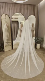 Voal de mireasă lung ivory din tiul fin, încrețit pe pieptene – 2,6 m