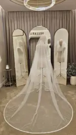 Voal de mireasă ivory tip spaniol cu perle și dantelă fină – 2,6 m - imagine 2