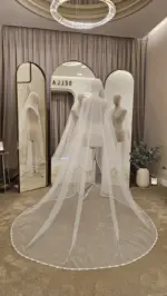 Voal de mireasă lung ivory din tiul cu sclipici și dantelă brodată, tip spaniol – 2,5 m - imagine 2