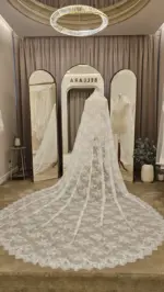 Voal de mireasă lung ivory realizat integral din dantelă și paiete discrete – 2,5 m