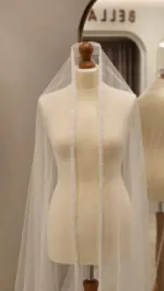 Voal de mireasă lung ivory cu bordură brodată decorată cu perle – 2,5 m - imagine 3