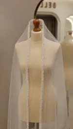 Voal de mireasă spaniol ivory cu bordură cusută cu perle – 2,5 m - imagine 3